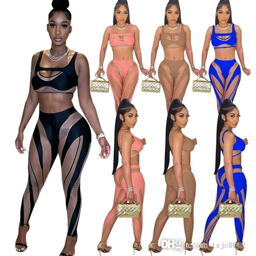 Women 2 Piece Outfits Mesh Stitched Pants Set Sexy Hollow Out Crop Top Vest Leggings Clubwear