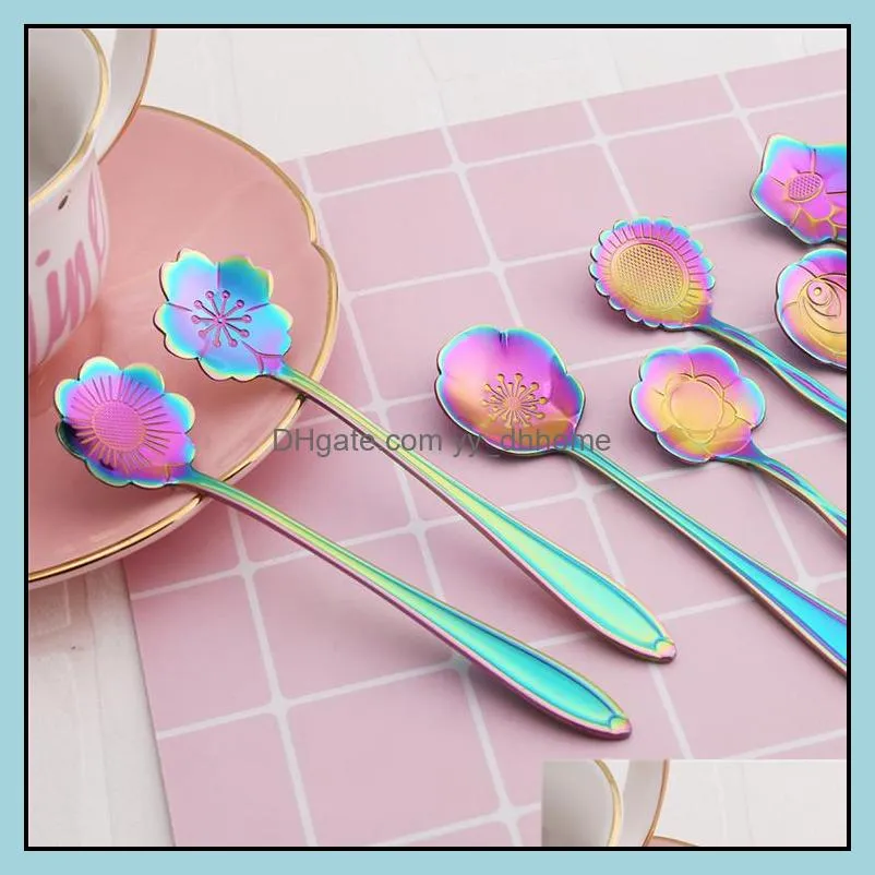 black rainbow spoons flower dessert coffee spoons stainless steel sugar spoons cutlery 8 designs for choosing