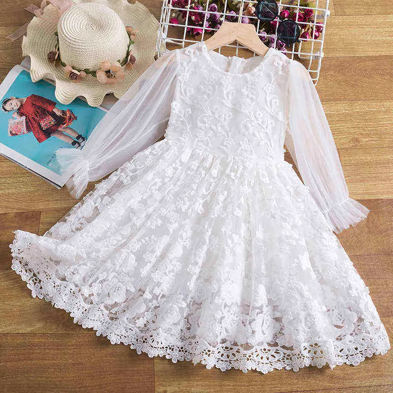 Girls White Lace Princess Dress for Kids Winter Long Sleeve Wedding Party Costume 3 4 5 6 7 8 år Barn Kläder Tutu Vestido G220428