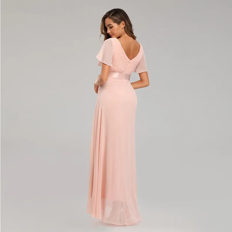 Short Sleeve Evening Dresses Elegant V-Neck Ruffles Chiffon Formal Prom Gown Party Dress Robe De Soiree 2022