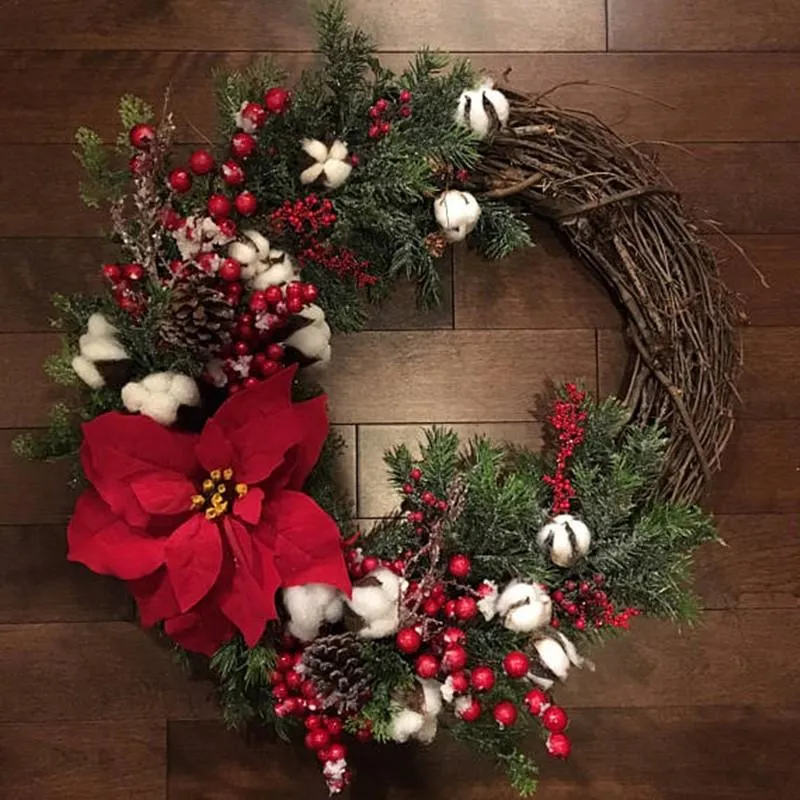 Ghirlande di fiori decorativi Ghirlanda di Natale americano Porta appesa Ghirlanda di rattan di cotone di pino Decorazione da parete Disposizione di nozzeDecorativa