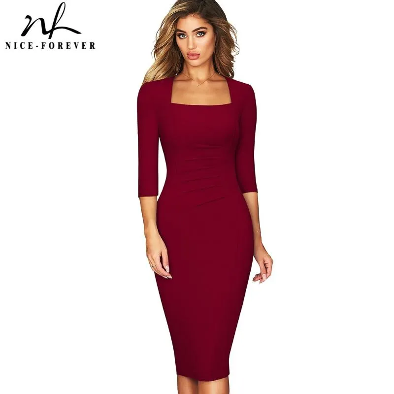 Casual jurken nice-forever lente vrouwen vintage vierkante hals kantoor zakelijke formele elegante bodycon slanke jurk B688