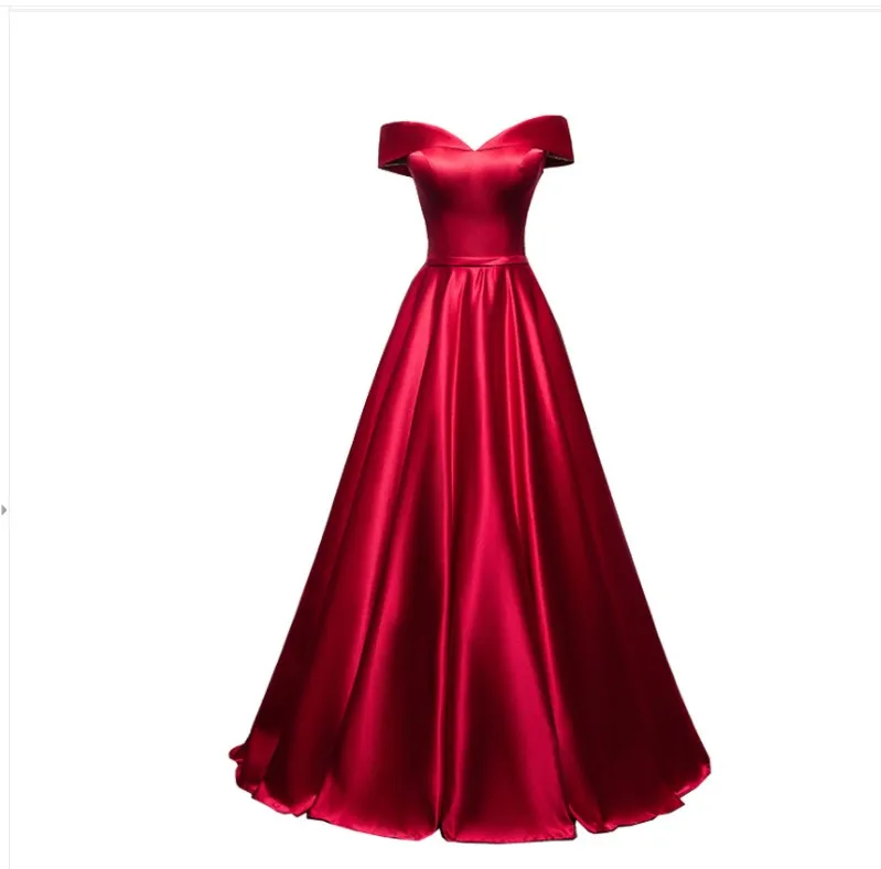 Långa balklänningar v-ringning från axeln a-line golvlängd satin klänning prom långa eleganta klänningar