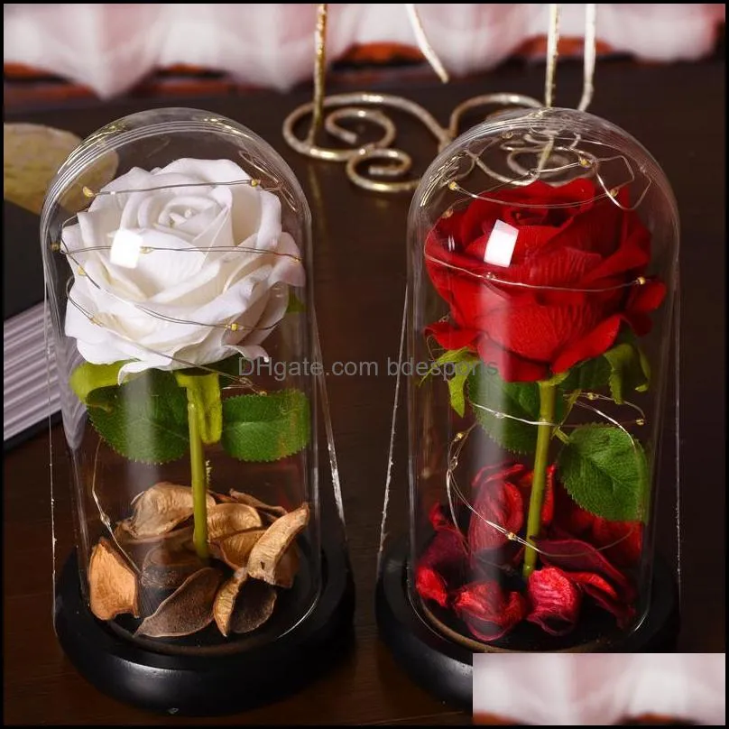 Decorative Flowers & Wreaths Eternal Flower Valentine`s Day Gift Red Rose Home Decor LED Light Wedding In A Glass Cover Office Study Room