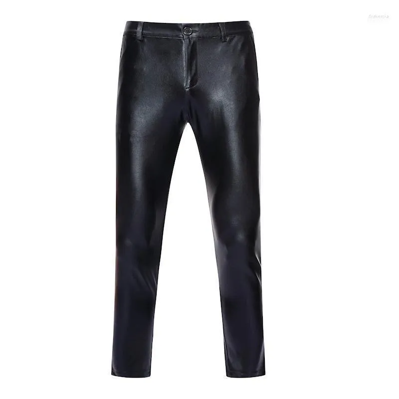 Men's Pants Black Coated Metallic Motorcycle PU Faux Leather Men 2022 Brand Hip Hop Trousers DJ Nightclub Stage For SingersMen's Drak22