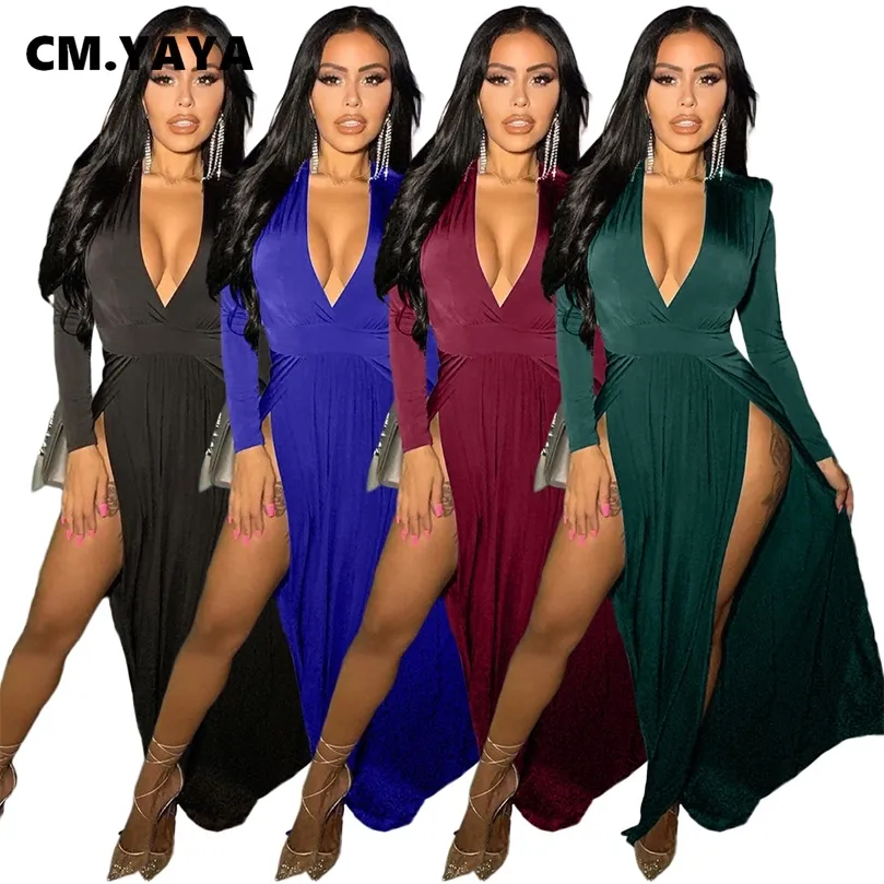 CM. Yaya Women Autumn High Side Slit Bodycon midi maxi sukienka ołówka długie rękawie bandaż sext klub nocny klub v-dępe sukienki 220516