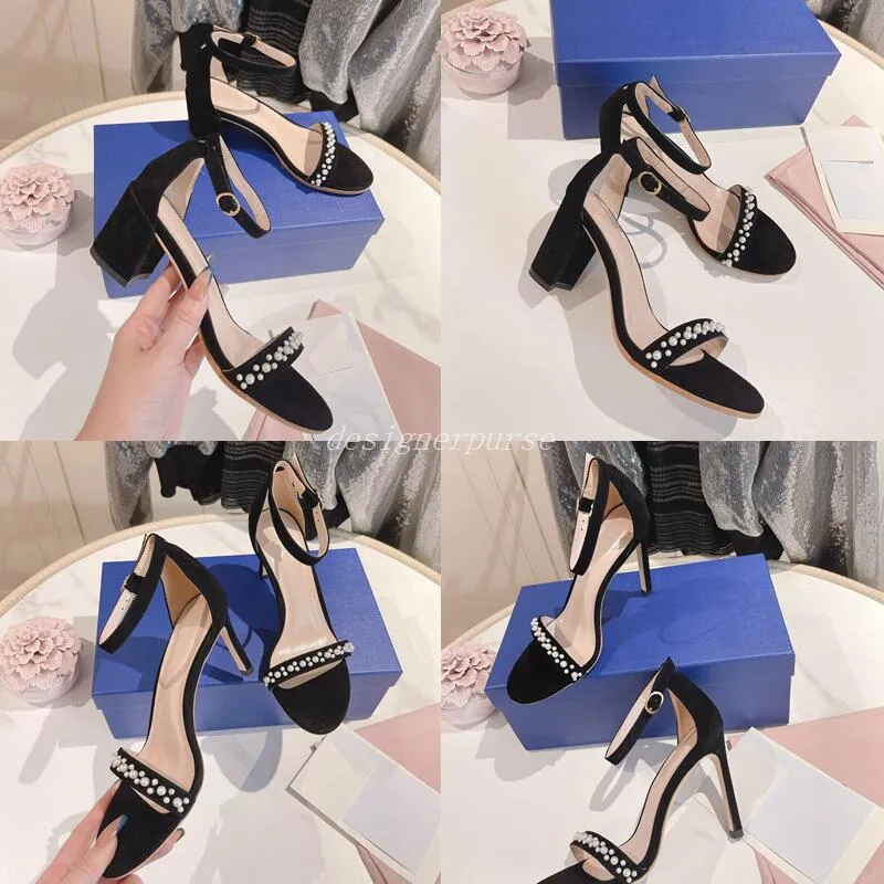 High heels Classic High heeled sandals party fashion women Dance shoe designer sexy stiletto Suede Lady Pearls Flat belt Thick Kitten Heel Woman wedding shoes