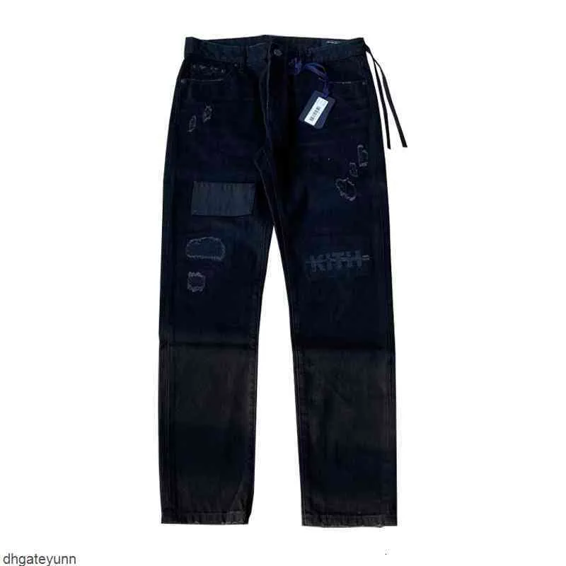 Kleding Herenbroeken Oversize Kith Jeans Heren Dames Hoge kwaliteit All-match Kleine Rechte pijp Gewassen gatpatch Zwart Casual broekxg4v