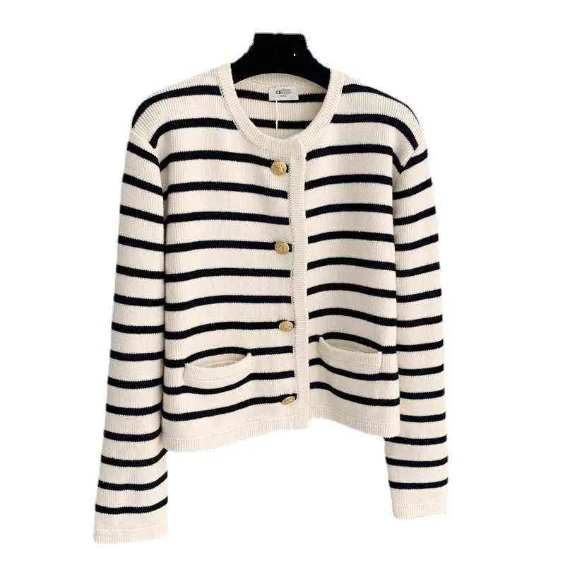 Designer mulheres suéteres mesmo preto e branco listra contraste cor de malha cardigan feminino em torno do pescoço único breasted camisola casaco fro1