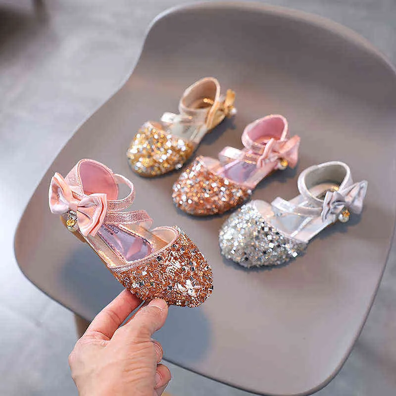 Kids Fashion Glitter Pearl Bow Sapatos Infantil Princesa Sapatos de dança Baby verão Novos sandálias de menina de menina 21-36 G220523
