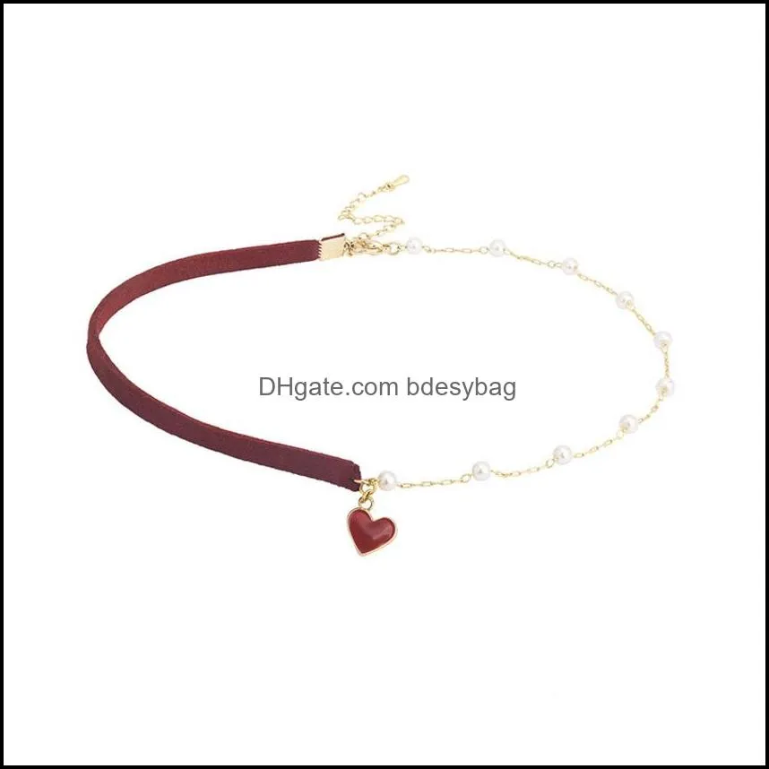 little heart pearl string stitching necklace fashion simple clavicle chain women`s trend net red neck with versatile temperament collar
