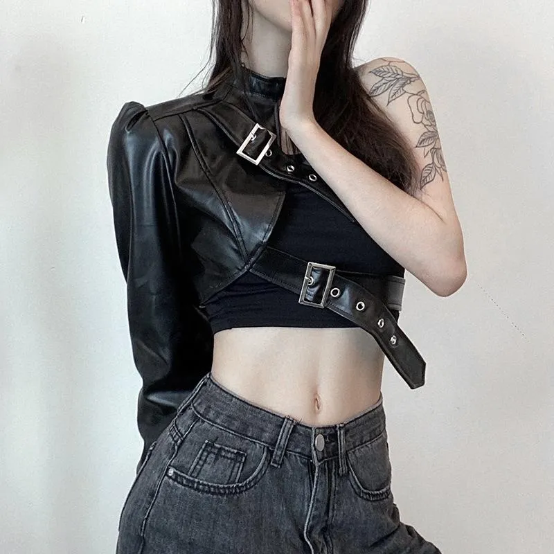 Women's Tanks & Camis Sexy Punk Irregular Single Sleeve Jacket For Women Fashion Cool Girl Metal Buckle Pu Leather Short TopsWomen's