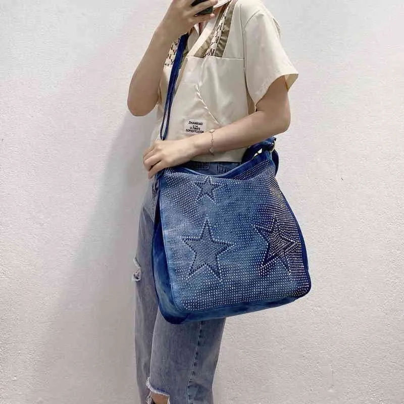 Sac en toile Femme Mode Messenger Sac Simple Épaule Seau Cowboy Hot Drill Grande Capacité Sac Fourre-Tout 220623