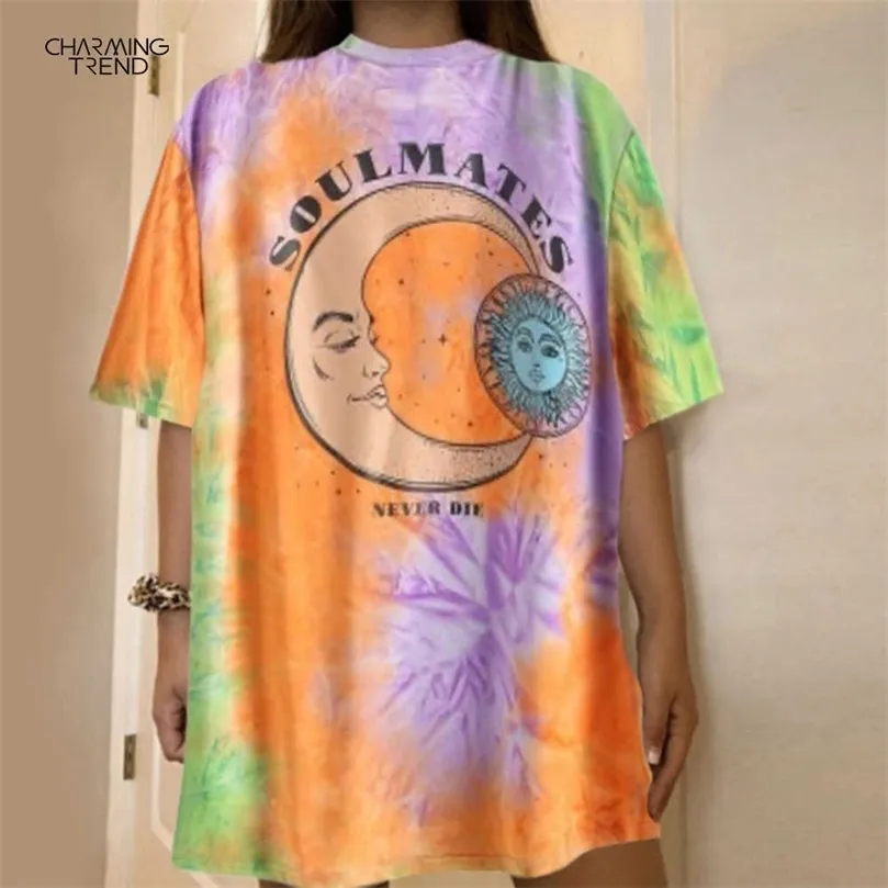 Moda Casual Camicie Top per le donne Sun Moon Pattern T-shirt Donna Estate Loose Oversize Street Style Ins Style Camicie Top 210702