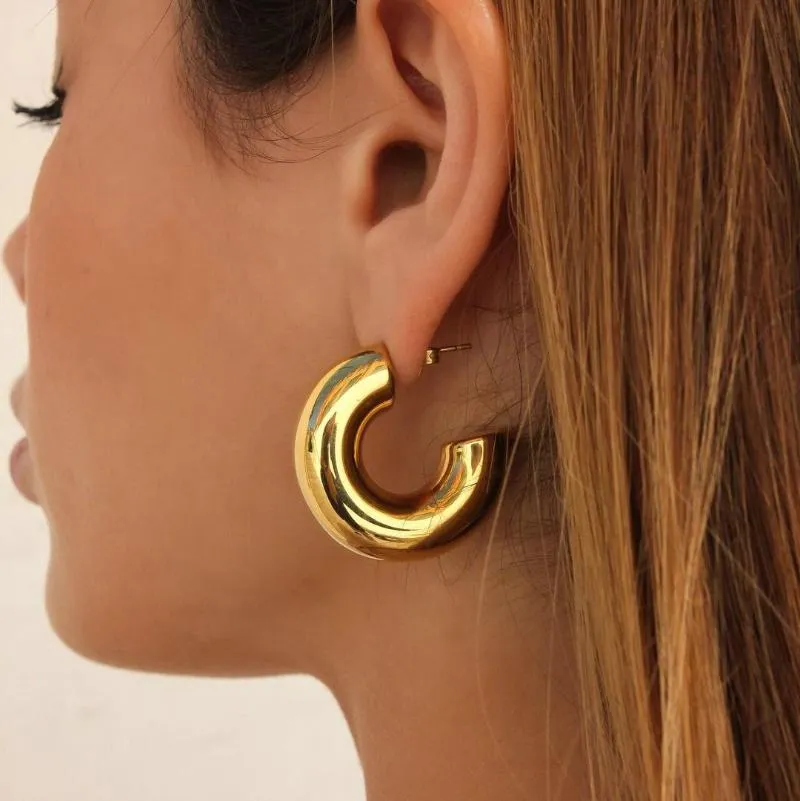 Hoop & Huggie Chubby Stainless Steel Earrings Flat 18k Gold Jewelry Waterproof Chunky Thick Hollow Circle Stud For WomenHoop HuggieHoop