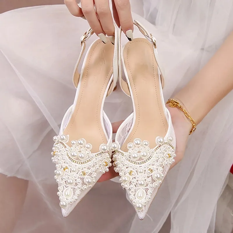 White Flower Lace Pearl High Heels Shoes - Online Furniture Store - My  Aashis