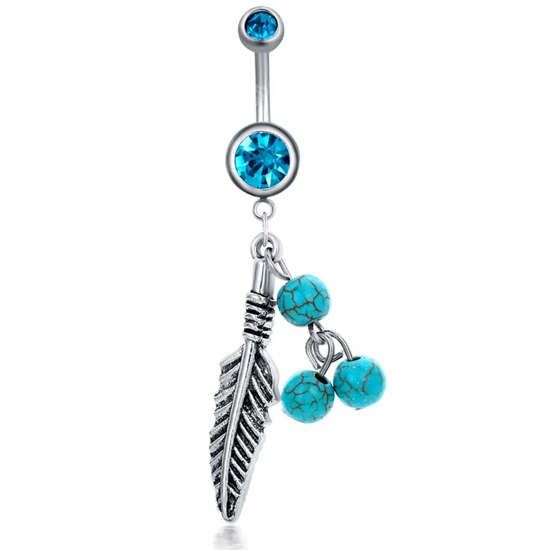 Fashion Leaf Turquoise Pendant Belly Button Rings Women Simple Handmade Stainless Steel Navel Rings Body Piercing Jewelry