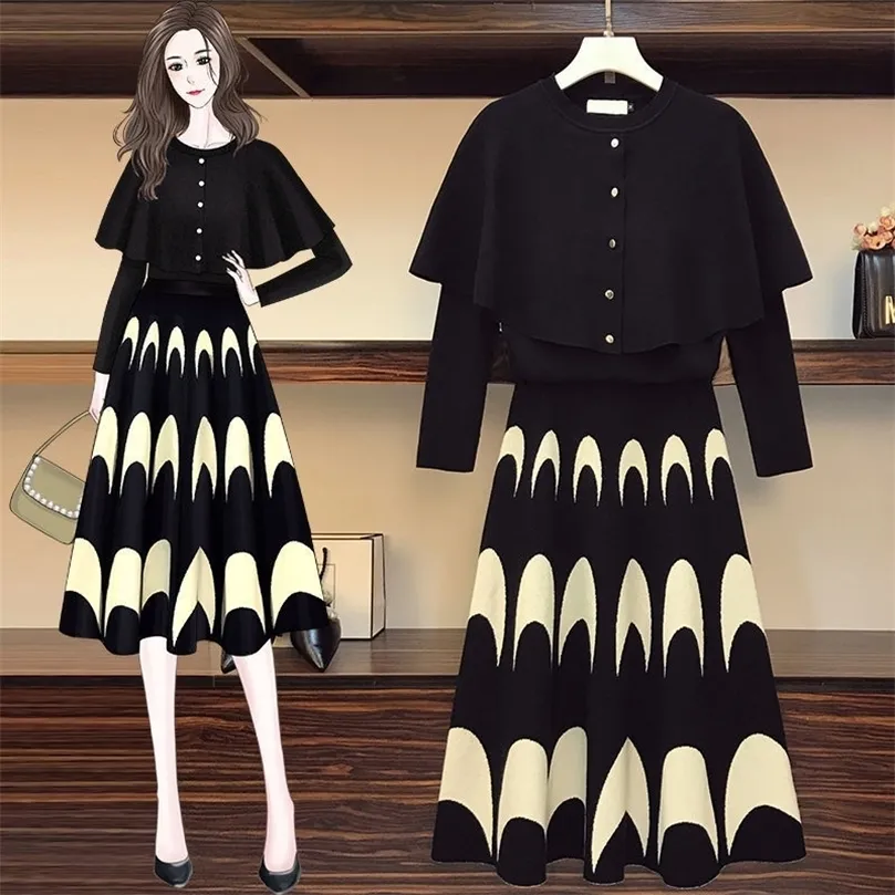 Jupe pour femmes automne Traf coréen col rond noir à manches longues haut tricoté costumes de mode avec Y2k taille haute 220317