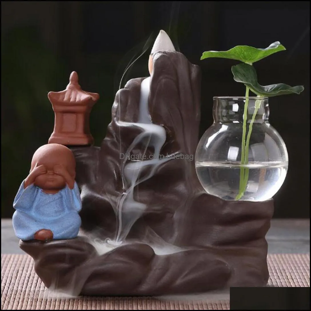 Backflow Incense Burner Holder Ceramic Little Monk Small Buddha Waterfall Sandalwood Censer Creatives Home Decor with 10 Cones