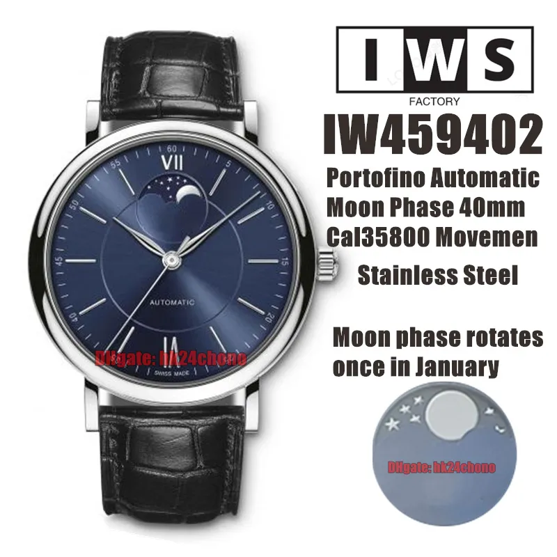 IWSF Montres de qualité supérieure 40 mm en acier inoxydable Phase de lune Cal.35800 Montre automatique pour homme 459402 Cadran bleu Bracelet en cuir Montres-bracelets pour hommes