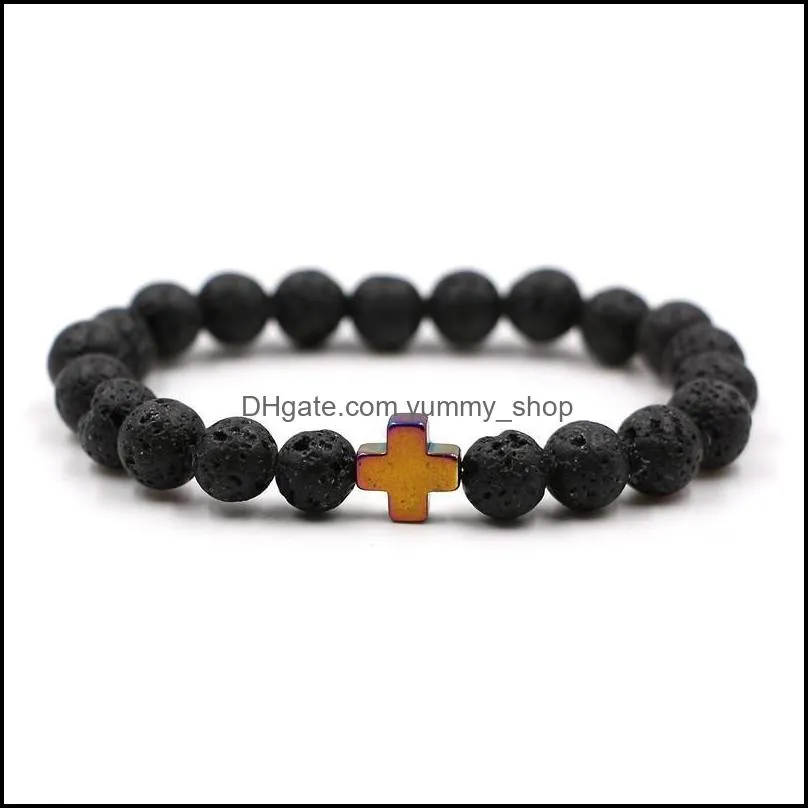 Natural Volcanic Lava Stone cross bracelet Essential Oil Perfume Diffuser Bracelets Stretch Yoga Jewelry