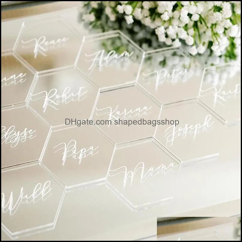 Greeting Cards 20pcs Clear Acrylic Hexagon Blank Place Laser Cut Sheet Plain Tiles Wedding Decoration For Table Numbers Guest Name