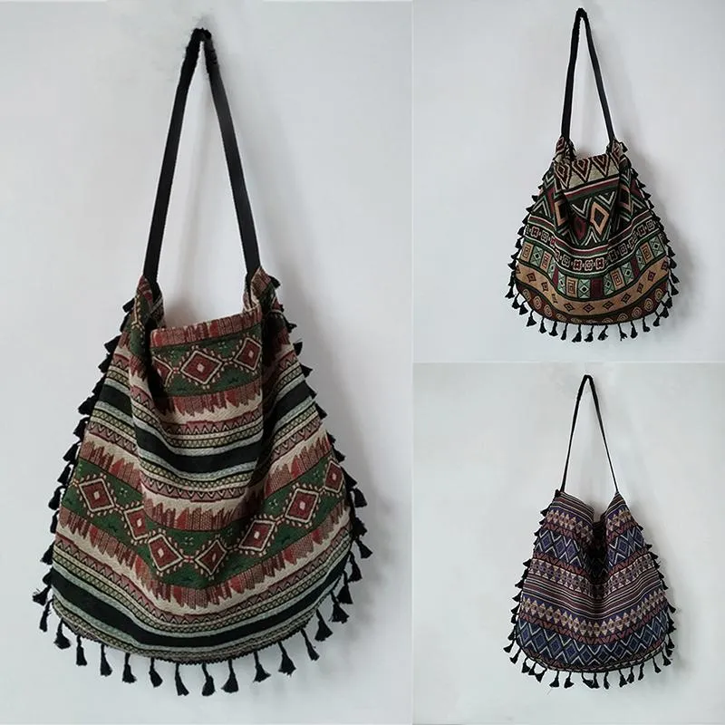 Sacs de soirée Vintage Bohème Fringe Sac à bandoulière Tassel Boho Hippie Gypsy Frangé Sacs à main pour femmes Open Cotton Linen TotesSoirée