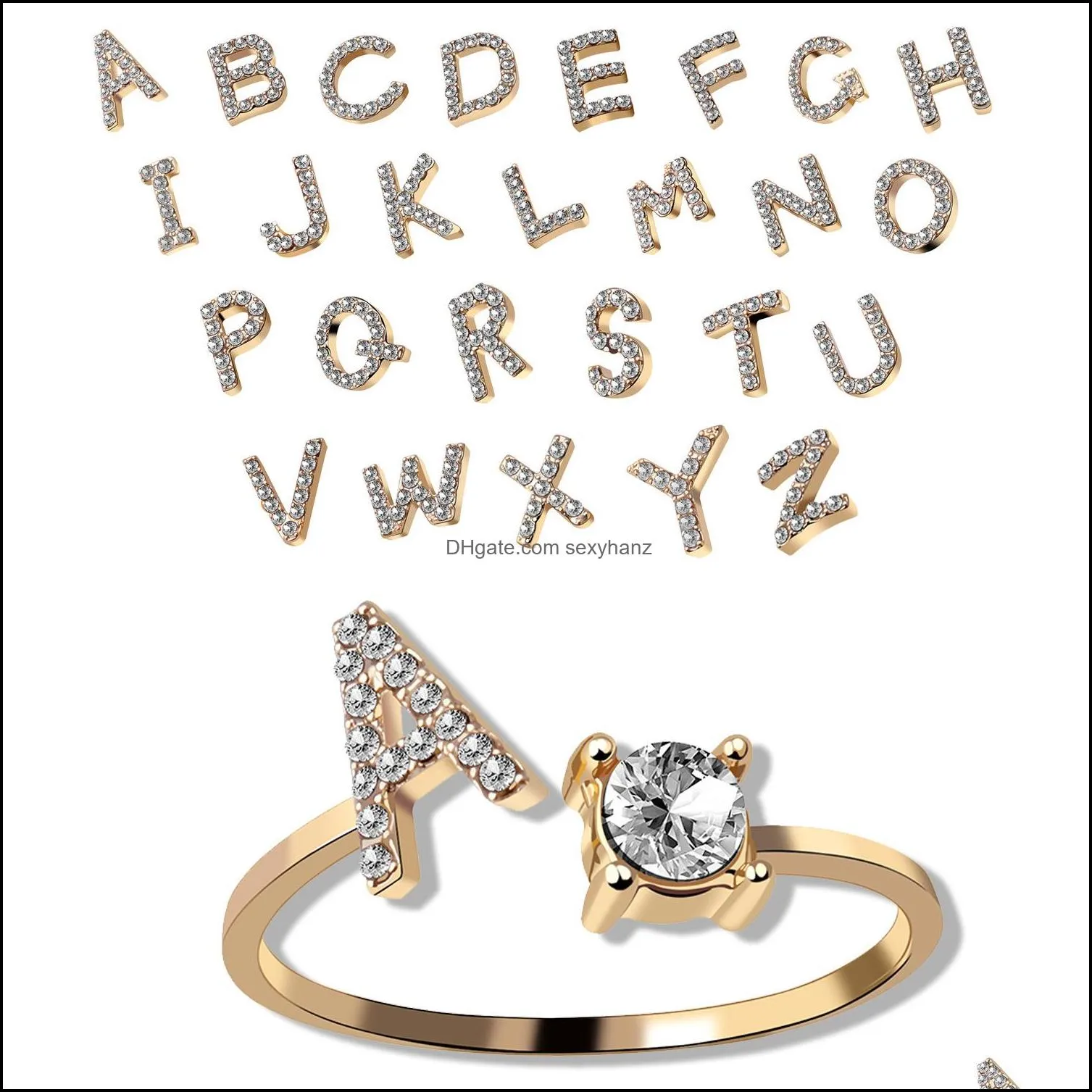 Bandringe Schmuck A-Z Buchstabe Gold Farbe Metall Verstellbare Öffnung Ring Initialen Name Alphabet Weiblich Kreativ Finger Trend Dhvoe