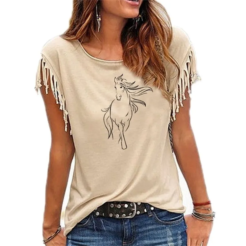 Творческая лошадь женщинам хлопковая кисточка повседневная футболка для футболки животные футболка с коротким рукавом с коротким рубашкой для женской футболки 210312