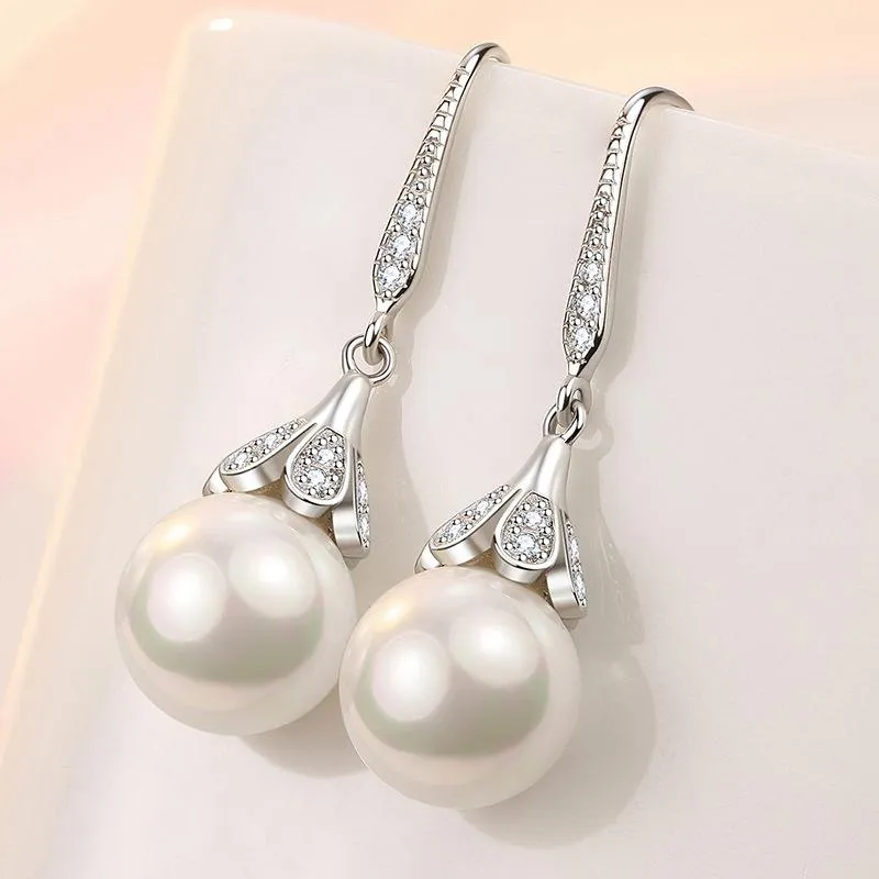 Dangle & Chandelier Elegant Zircon Pearl Flower Drop Earrings For Women Romantic 925 Sterling Silver Earring Jewelry Lady Engagement GiftsDa