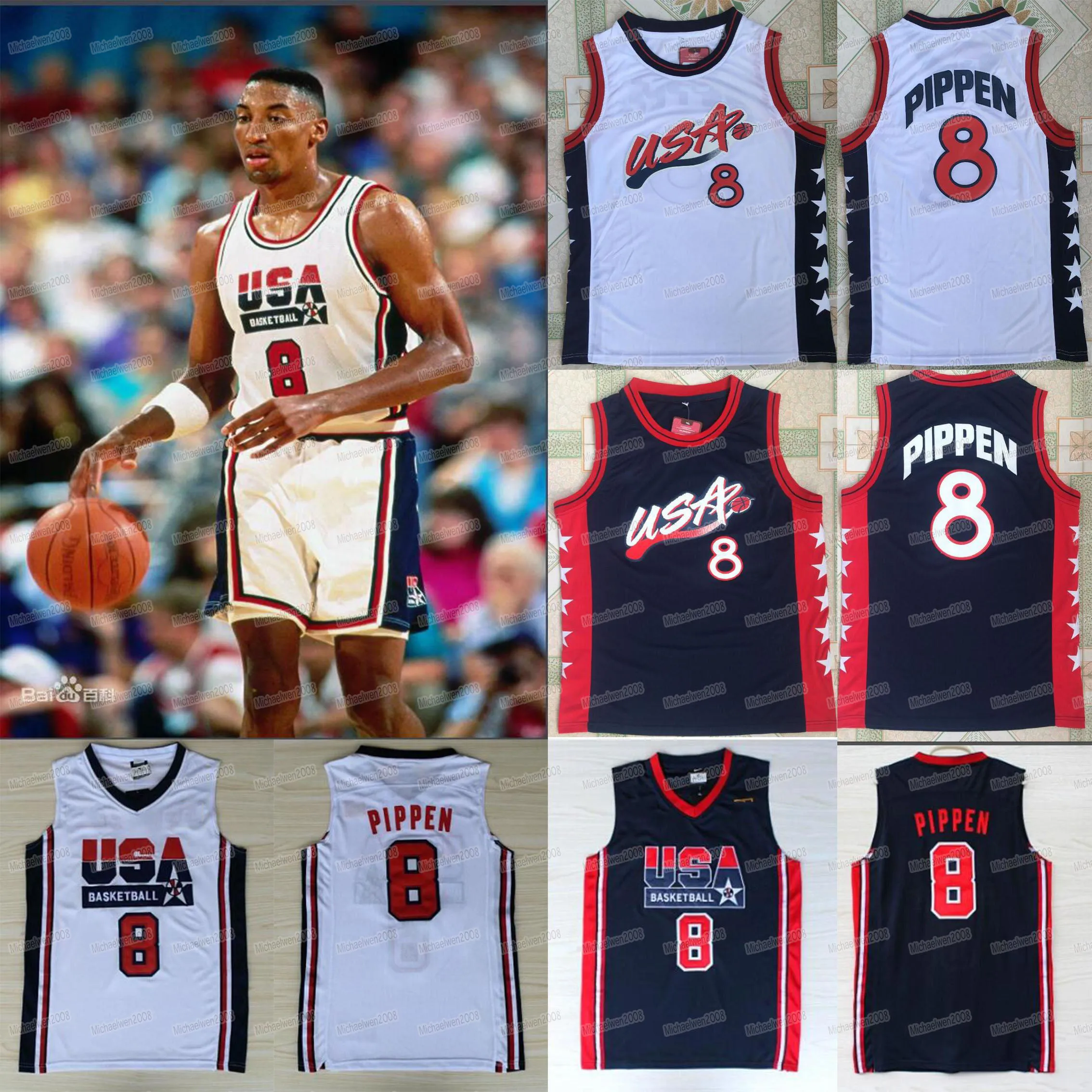 8 Scottie Pippen 1992 1996 팀 미국 게임 드림 팀 농구 유니폼 농구 저지 크기 S-XXL