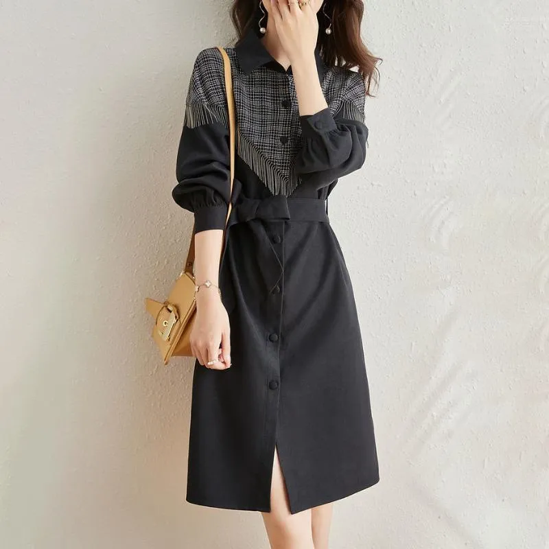 Casual Dresses Fringed Plaid Fight Receiving Waist Slim Long-sleeved Dress Women's Autumn 2022 Korean Bandage