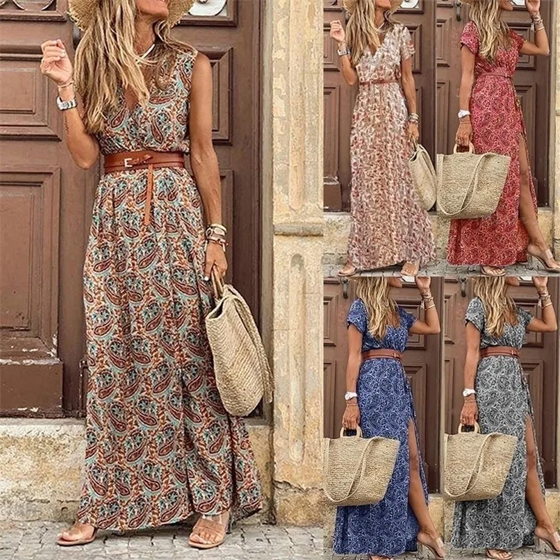 Summer Boho Long Dres Casual Paisley Print Belt Maxi Sukienka Elegancka V Neck krótki rękaw damska sukienka plażowa vestidos D220611