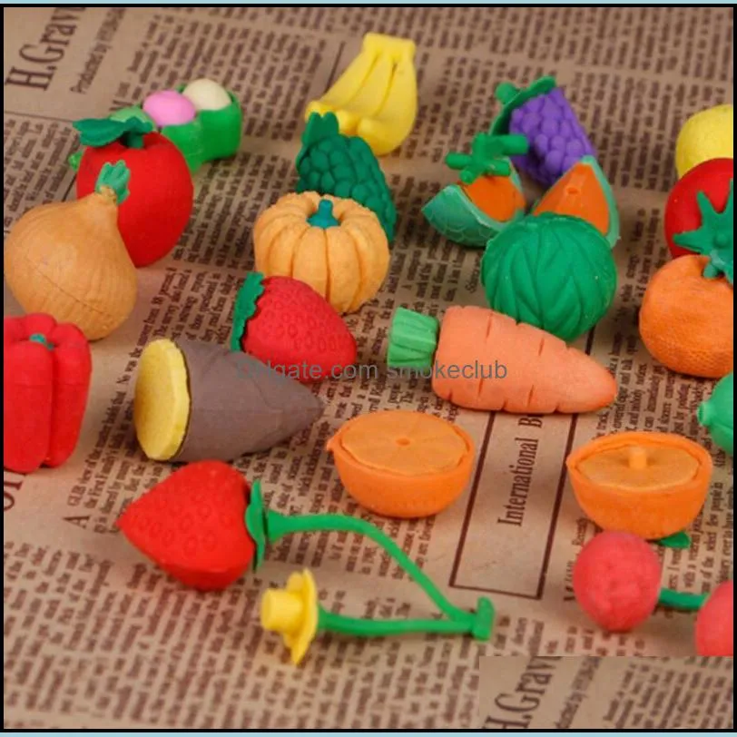 FreeShip 100pcs 3D  Fruit Vegetables Erasers creative Novel Food erasers 3D Rubber Pencil Eraser Kids Student Xmas Gift Opp Bag