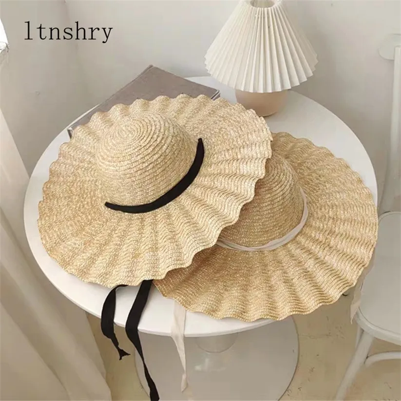 여성용 해변 모자 모자 돔 탑 태양 휴가 우아한 모자 220318에 대 한 큰 모자 리본 밀짚 모자 여름