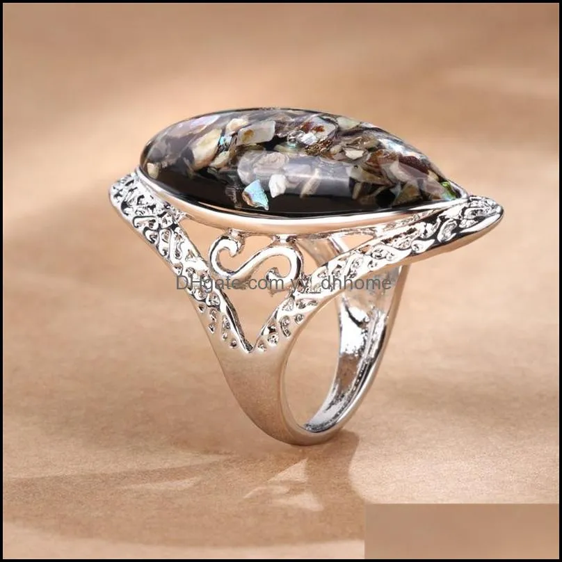 4 Color Vintage Antique Silver Colorful Big Oval Shell Finger Ring Band Ring For Women Female Statement Boho Beach Jewlery Gift 474 Q2