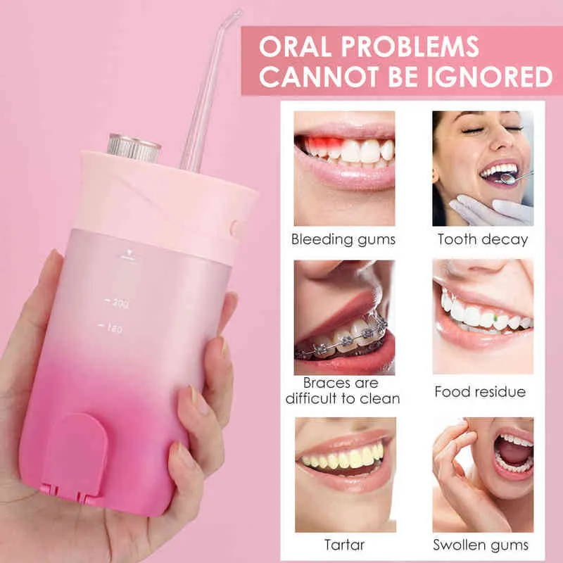 Irrigatore dentale orale Water Flosser 200ml Mini stuzzicadenti Detergente USB Ricarica con 4 ugelli Macchina per sbiancare i denti 220513