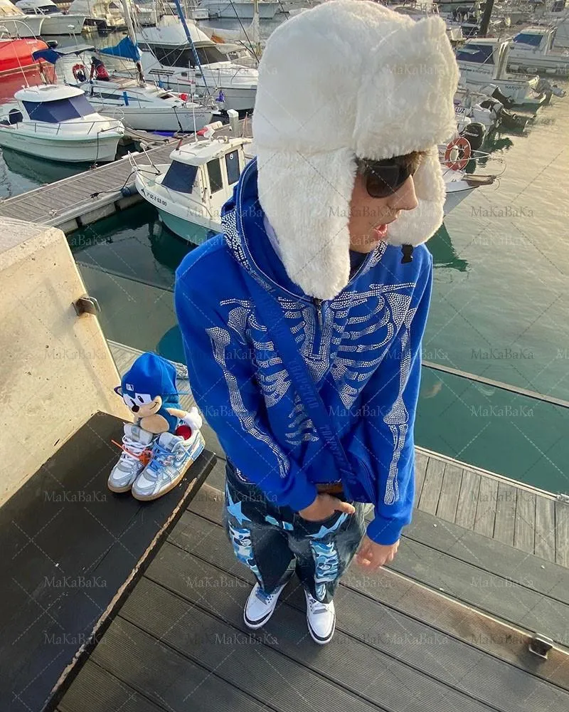 Mens Rhinestone Skull ZipUp Skeleton Zip Up Hoodie Oversized