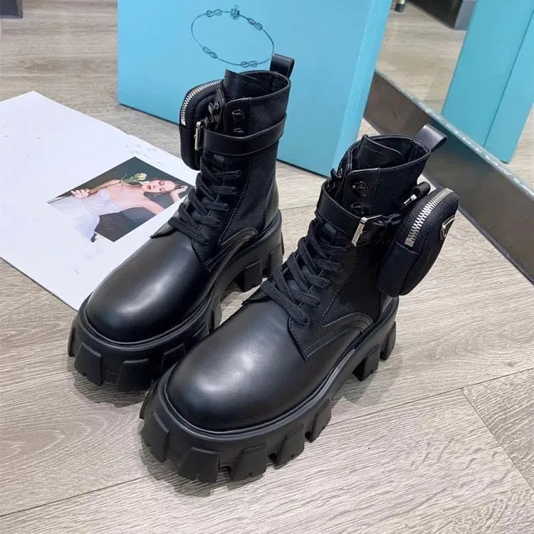 Winter Designer Combat Boots Genuine Leather 6CM Platform Booties w Detachable Nylon Pouch