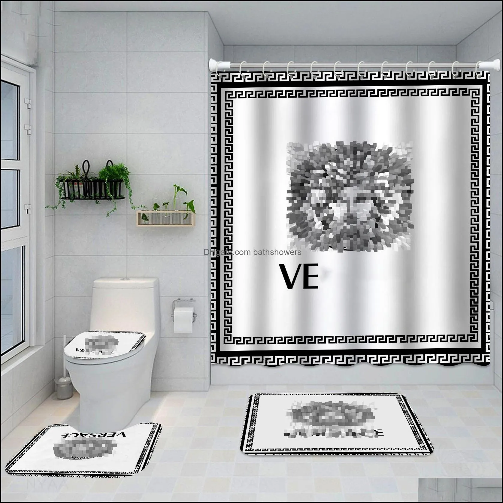 chic floral printed shower curtains full letters designer bathroom mats 4 piece set non slip toilet bath rugs