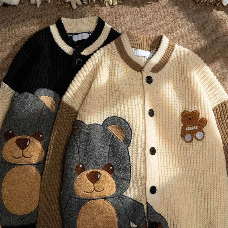 Oversized Cardigans Women Fashion Embroidery Sweater Herfst Winter Kawaii Bear Warm gebreide paren losse casual truien 220721