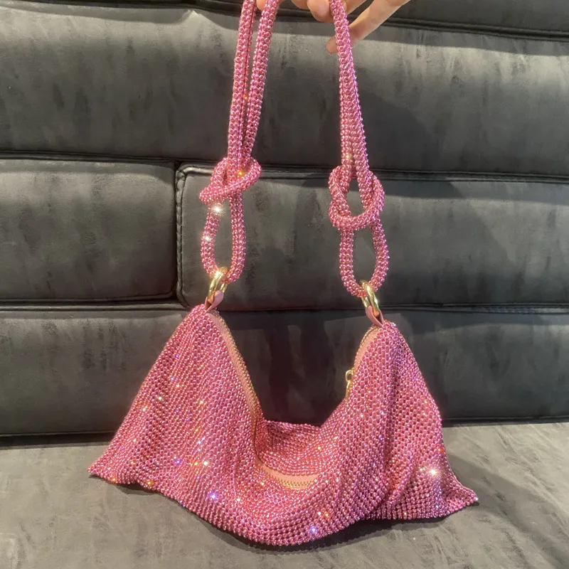 2022 Sparkling Rhinestone Armpit Bag Bulingbuling Dazzling PVC Material Woven Zipper Handbag Designer Ladies Diamond Pink Hand Carry One Shoulder Small Bag 34cm