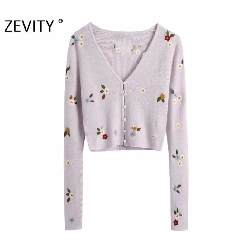 ZEVITY Women Fashion V Nek Bloem Borduurwerk Cardigan Knitting Sweater Dames Lange mouw Casual truien Chic Tops S402 201224