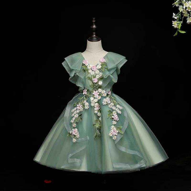 Flickans klänningar korta tyll junior brudtärna flickor festklänning blommor a-line grön prinsessan liten flicka födelsedag bröllop klädgirl's