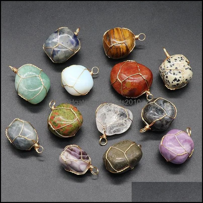 natural crystal irregular stone ball charms pendants wire wrapped amethyst tiger eye stones trendy jewelry making sports2010