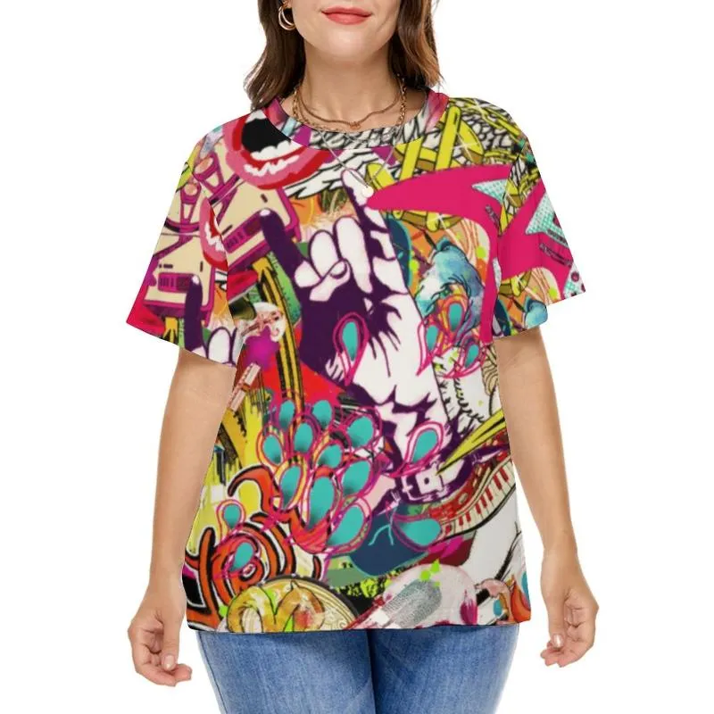 여자 플러스 사이즈 티셔츠 키스 밴드 헤어 바위 금속 빈티지 티셔츠 짧은 소매 캐주얼 티 셔츠 여름 인쇄 티 7xl 8xlwomen 's