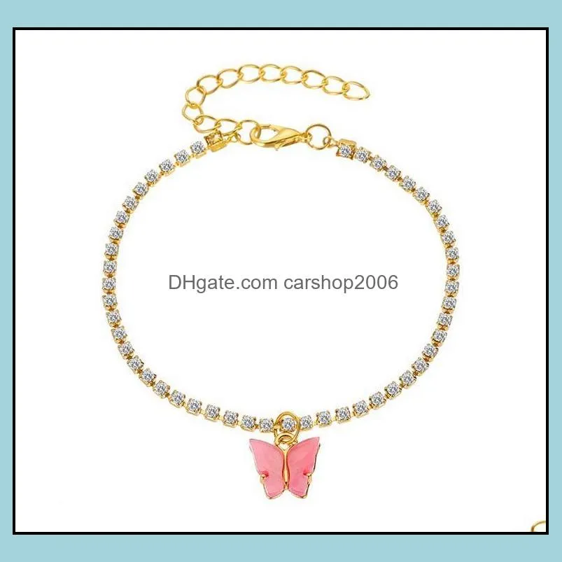 Sweet Cute Butterfly Anklet Rhinestone Crystal Ankle Bracelet Boho Beach Acrylic Anklets for Women Sandals Foot Bracelets