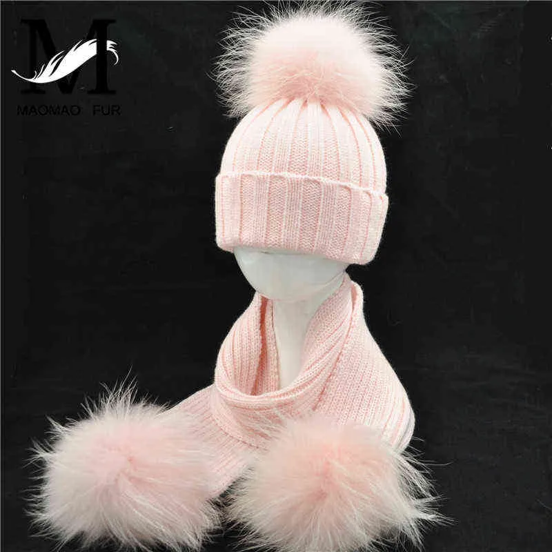 Moeder- en kinderhoed en sjaalset van hoge kwaliteit winter echte wasbeer bont pom gebreide mode nieuwe hoeden hoed sjaals j220722