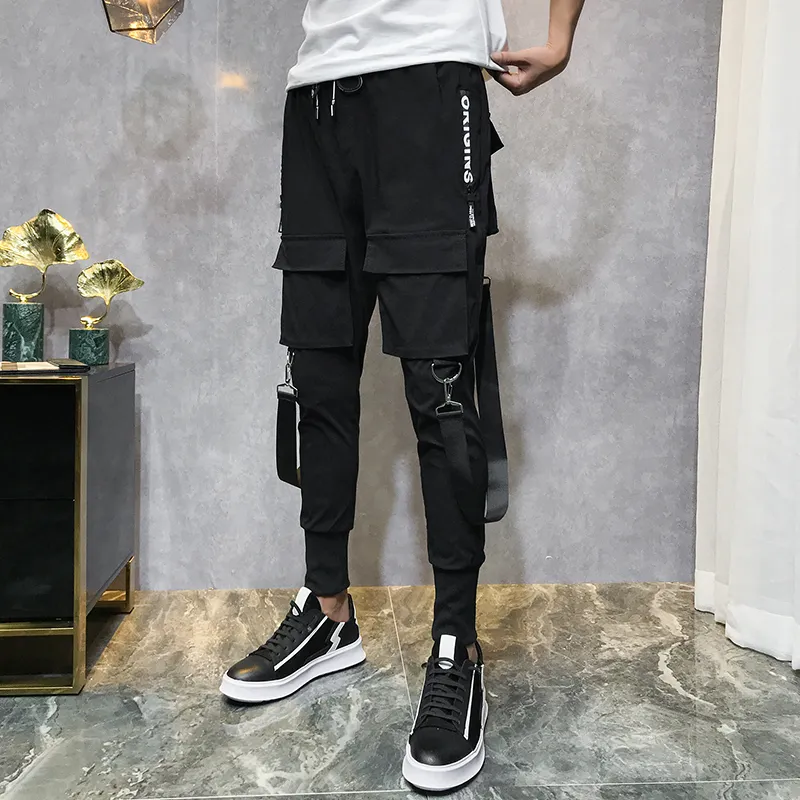 Men Streetwear Pants Black Harem Light Punk Ribbons Casual Slim Jogger Hip Hop Trousers LBZ138 220816