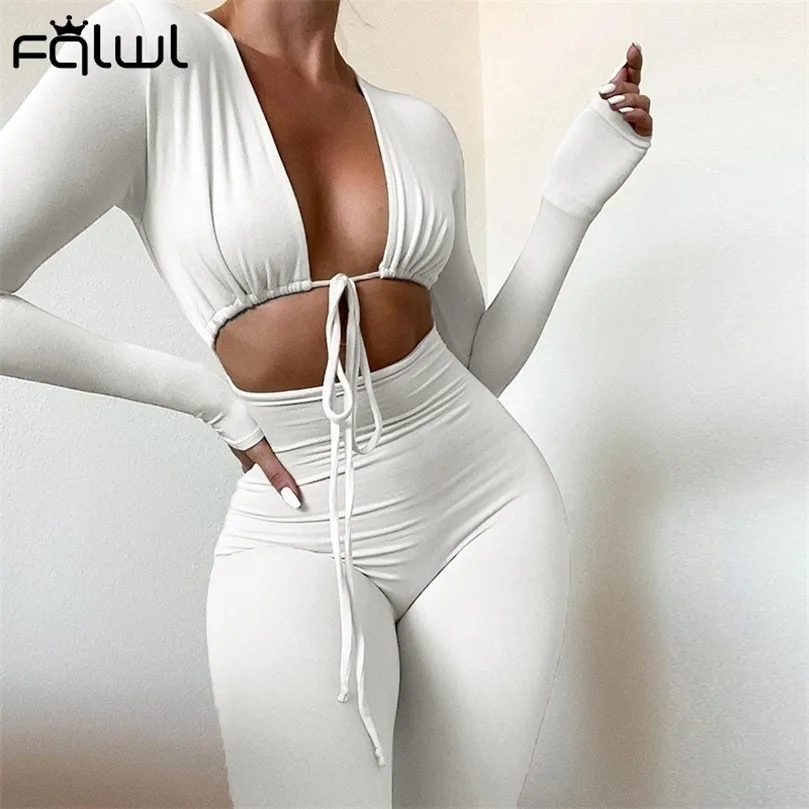 Fqlwl yaz kış seksi siyah kadın tulum beyaz siyah bandaj uzun kollu bodycon tulumlar kıyafeti 220801